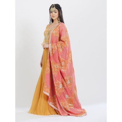 MANDIRA WIRK Yellow Embroidered Anarkali (Set Of 3)