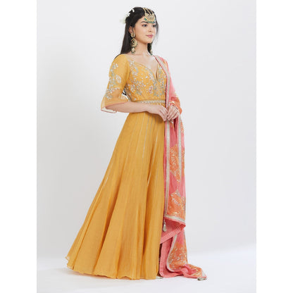 MANDIRA WIRK Yellow Embroidered Anarkali (Set Of 3)