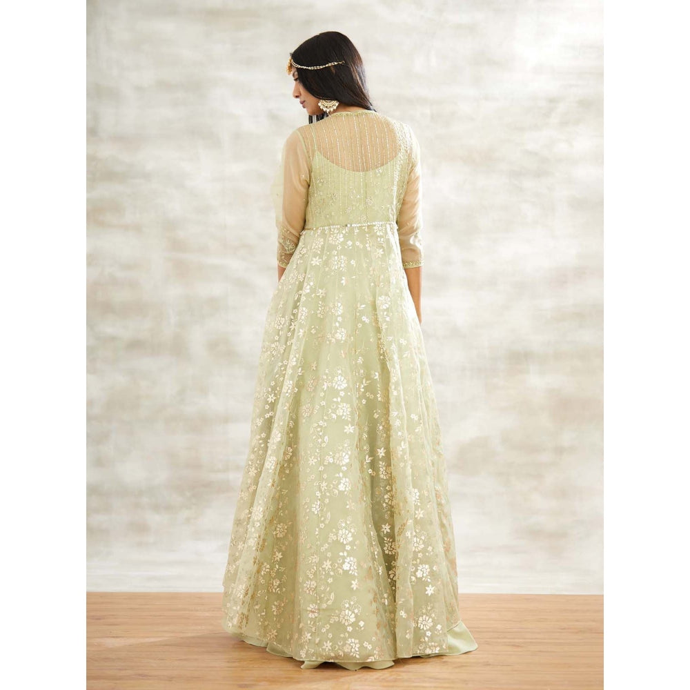 MANDIRA WIRK Green Embellished Gown with Jacket and Chudidar (Set of 3)