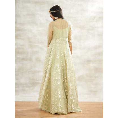 MANDIRA WIRK Green Embellished Gown with Jacket and Chudidar (Set of 3)