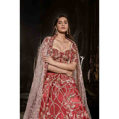 Masumi Mewawalla Red Embroidered Lehenga with Blouse (Set of 3)
