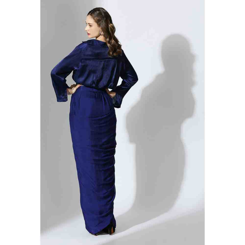 Masumi Mewawalla Royal Blue Embellished Draped Shirt with Skirt (Set of 2)