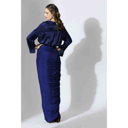 Masumi Mewawalla Royal Blue Embellished Draped Shirt with Skirt (Set of 2)