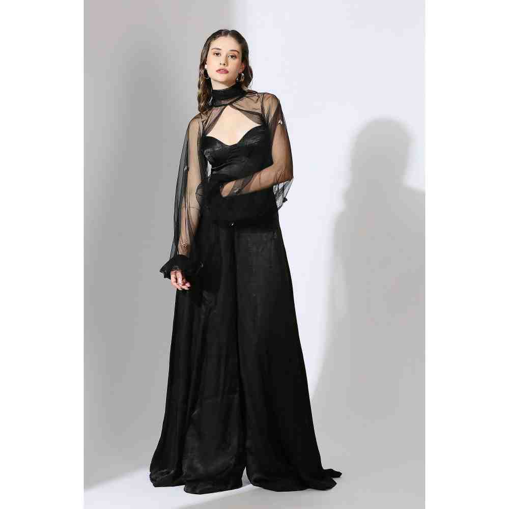 Masumi Mewawalla Black Jumpsuit with Embellished Net Poofy Sleeves (Set of 2)