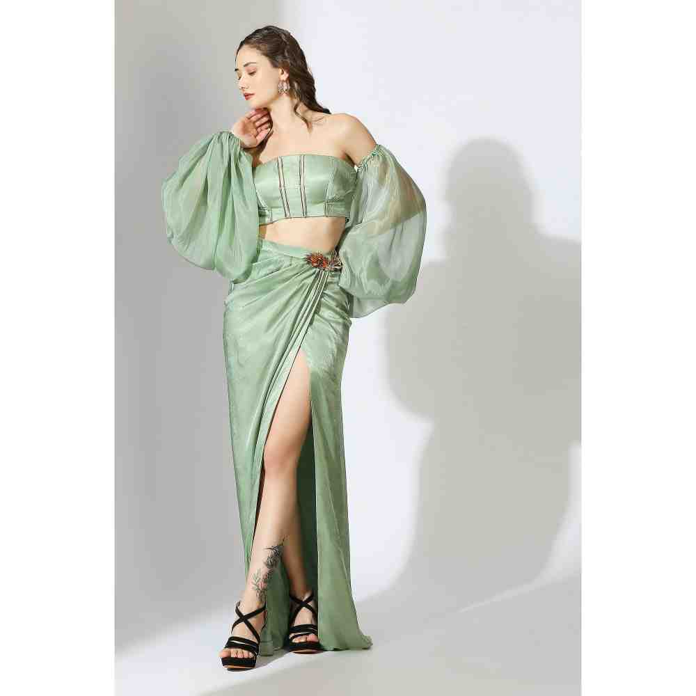 Masumi Mewawalla Sage Green Off Shoulder Corset Top with Draped Skirt (Set of 2)