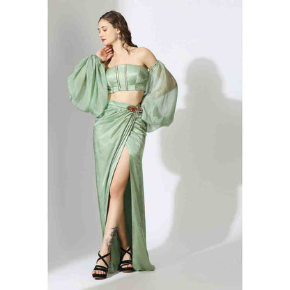 Masumi Mewawalla Sage Green Off Shoulder Corset Top with Draped Skirt (Set of 2)