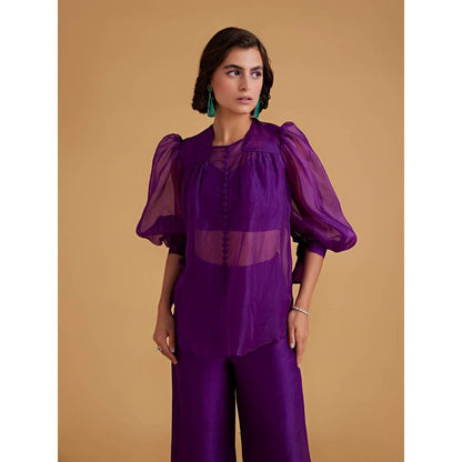 Medha Batra Organza Balloon Full Sleeves Shirt With Bustier & Pants (Set of 3)
