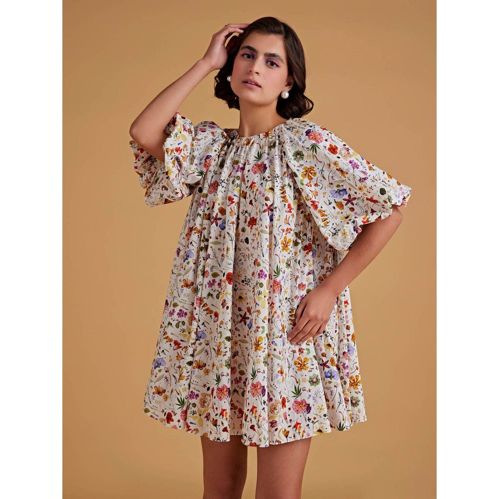 Medha Batra Raglan Balloon Sleeves Multi Floral Gathered Short Dress