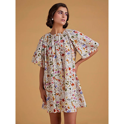 Medha Batra Raglan Balloon Sleeves Multi Floral Gathered Short Dress
