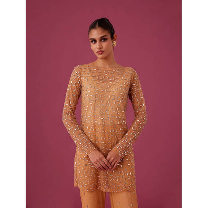 Medha Batra Brown Champagne Rose Net Co-Ord (Set of 3)
