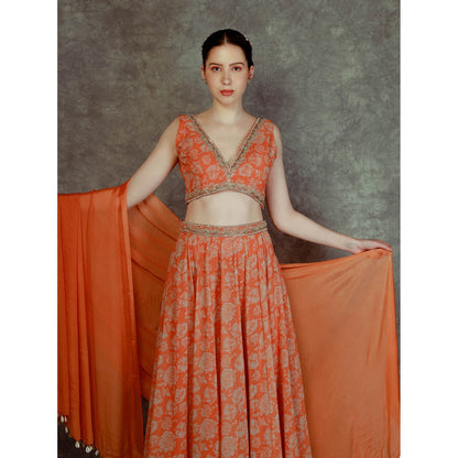 Neha Khullar Printed Lehenga - Orange (Set of 3)