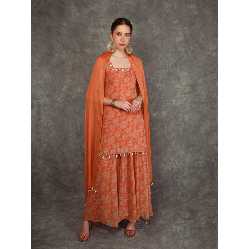 Neha Khullar Tangerine Printed Sharara - Orange (Set of 3)