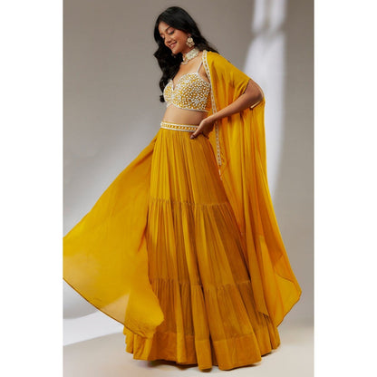 Neha Khullar Chiffon Yellow Embellished Lehenga with Choli and Cape (Set of 3)