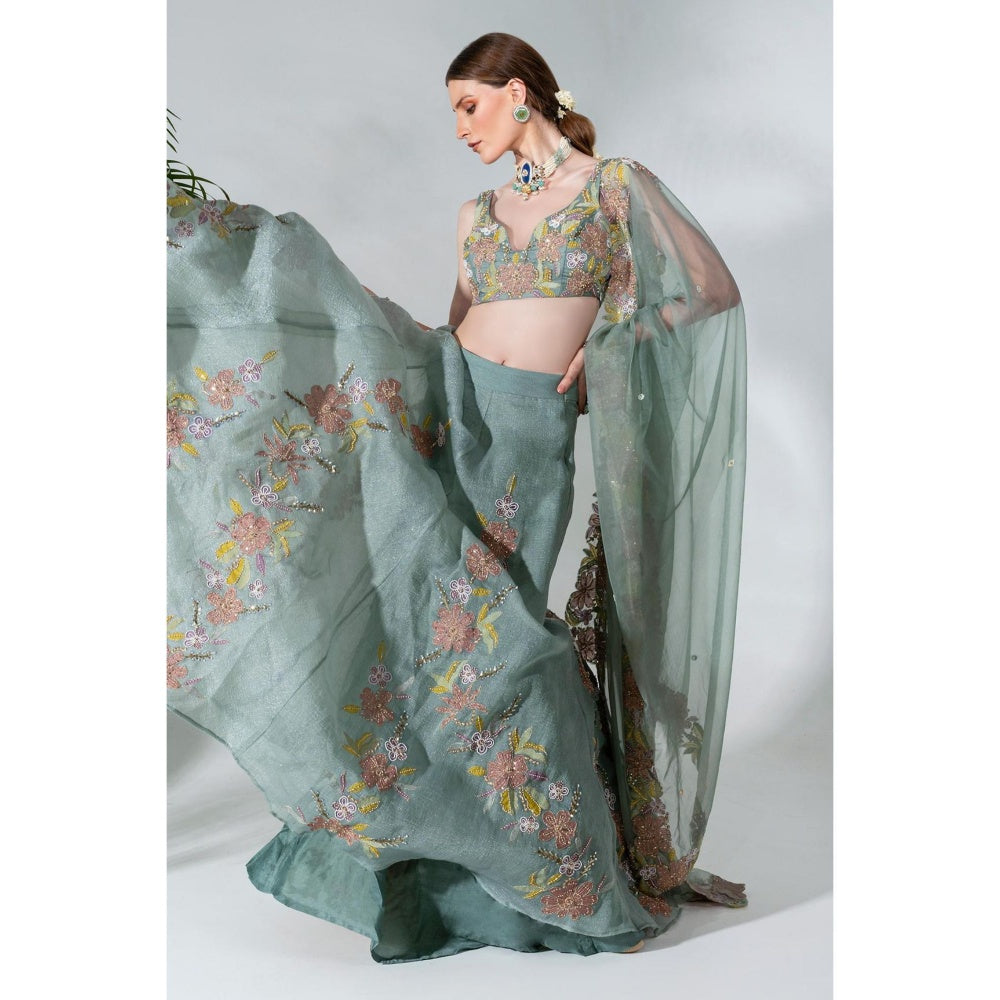 Neha Khullar Green Organza Hand Embroidered Lehenga Blouse with Dupatta (Set of 3)