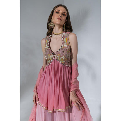 Neha Khullar Pink Georgette Kurti Sharara with Organza Dupatta (Set of 3)