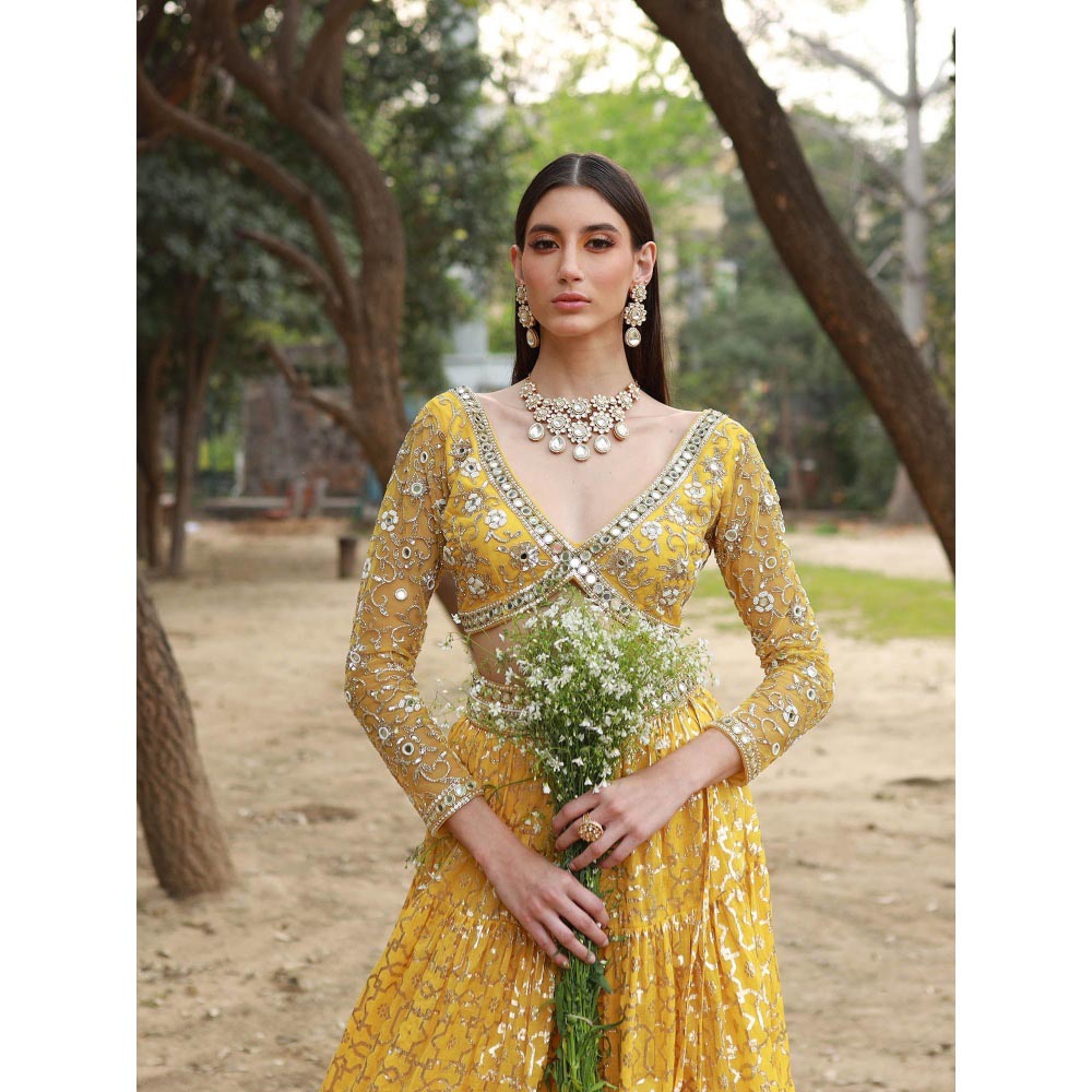 Neha Khullar Yellow Tissue Chanderi Lehenga Blouse with Organza Dupatta (Set of 3)