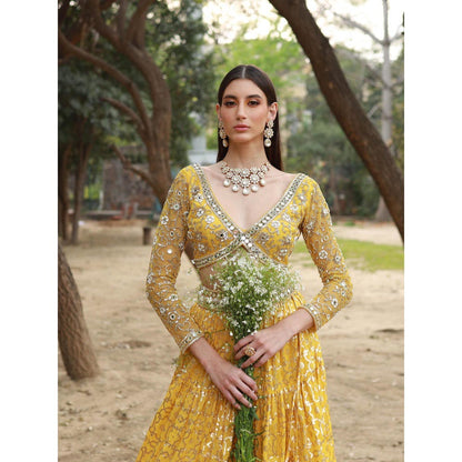 Neha Khullar Yellow Tissue Chanderi Lehenga Blouse with Organza Dupatta (Set of 3)