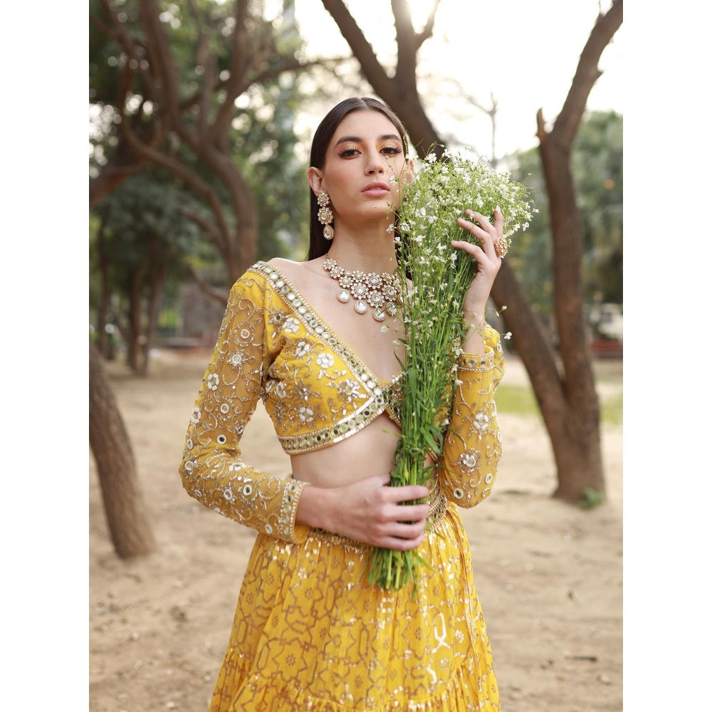 Neha Khullar Yellow Tissue Chanderi Lehenga Blouse with Organza Dupatta (Set of 3)