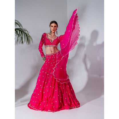 Neha Khullar Fuchsia Georgette Lehenga Blouse with Organza Dupatta (Set of 3)