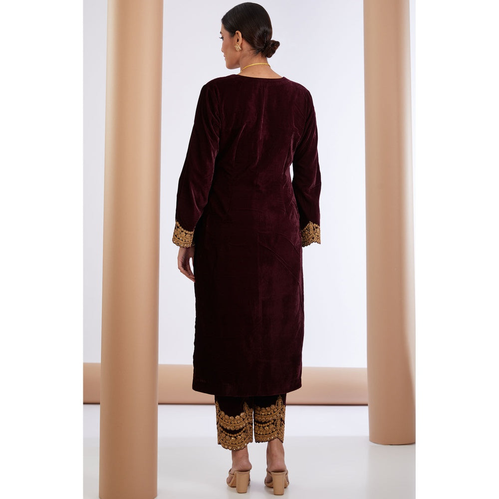 Neha Khullar Wine Embroidered Kurta Pant & Dupatta (Set of 3)