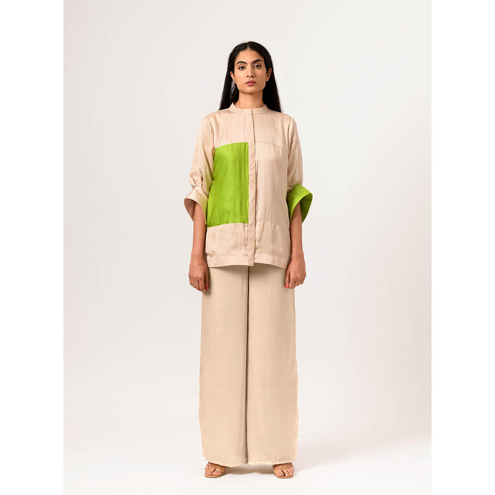NEORA BY NEHAL CHOPRA Ecru Green Colorblocked Top