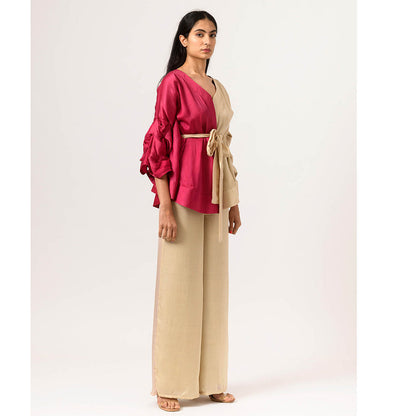 NEORA BY NEHAL CHOPRA Wine Ecru Cape Co Ord (Set of 3)
