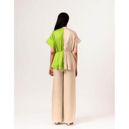 NEORA BY NEHAL CHOPRA Ecru & Green Half & Half Co Ord (Set of 3)