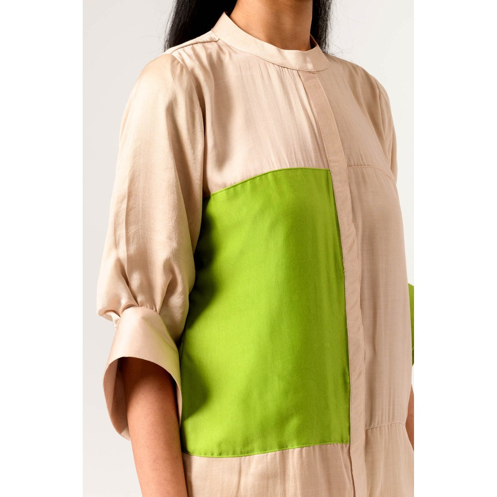 NEORA BY NEHAL CHOPRA Ecru & Green Blocked Co Ord (Set of 2)