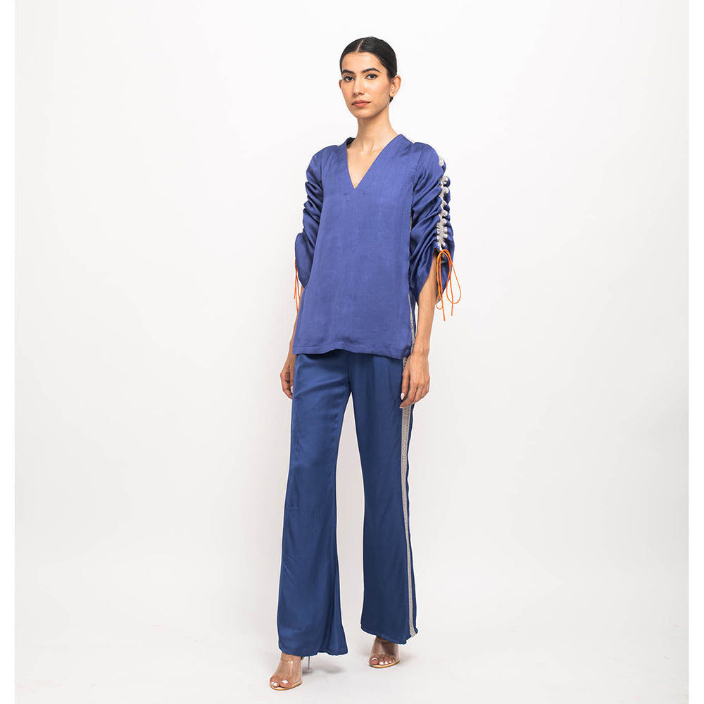 NEORA BY NEHAL CHOPRA Navy Blue & Grey Rouching Co Ord (Set of 2)