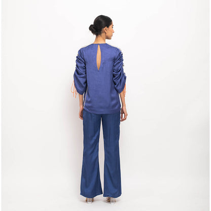 NEORA BY NEHAL CHOPRA Navy Blue & Grey Rouching Co Ord (Set of 2)