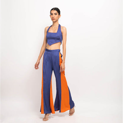 NEORA BY NEHAL CHOPRA Navy Blue & Orange Halter Neck Co Ord (Set of 2)