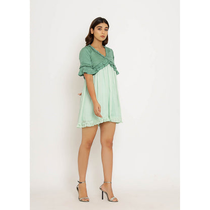 NEORA BY NEHAL CHOPRA Teal & Tea Green Frill Mini Dress