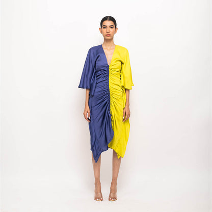 NEORA BY NEHAL CHOPRA Navy Blue & Yellow Kaftan Bodycon Midi Dress