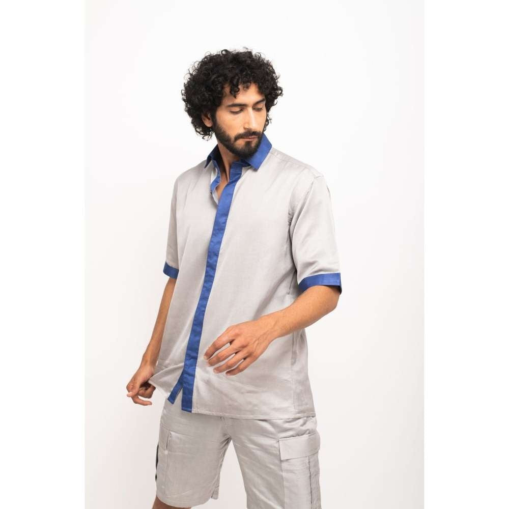 NEORA BY NEHAL CHOPRA Grey and Navy Blue Collar Colorblocked Co-Ord Set (Set of 2)