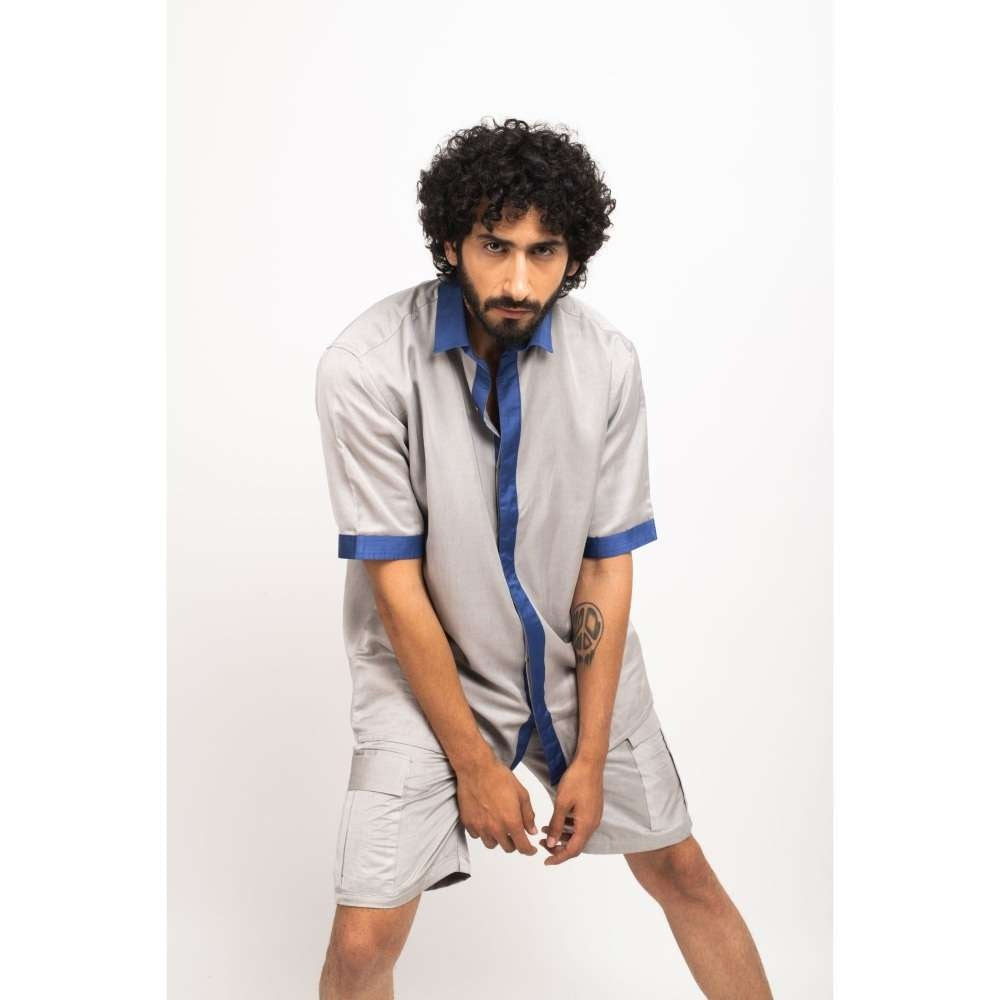 NEORA BY NEHAL CHOPRA Grey and Navy Blue Collar Colorblocked Co-Ord Set (Set of 2)