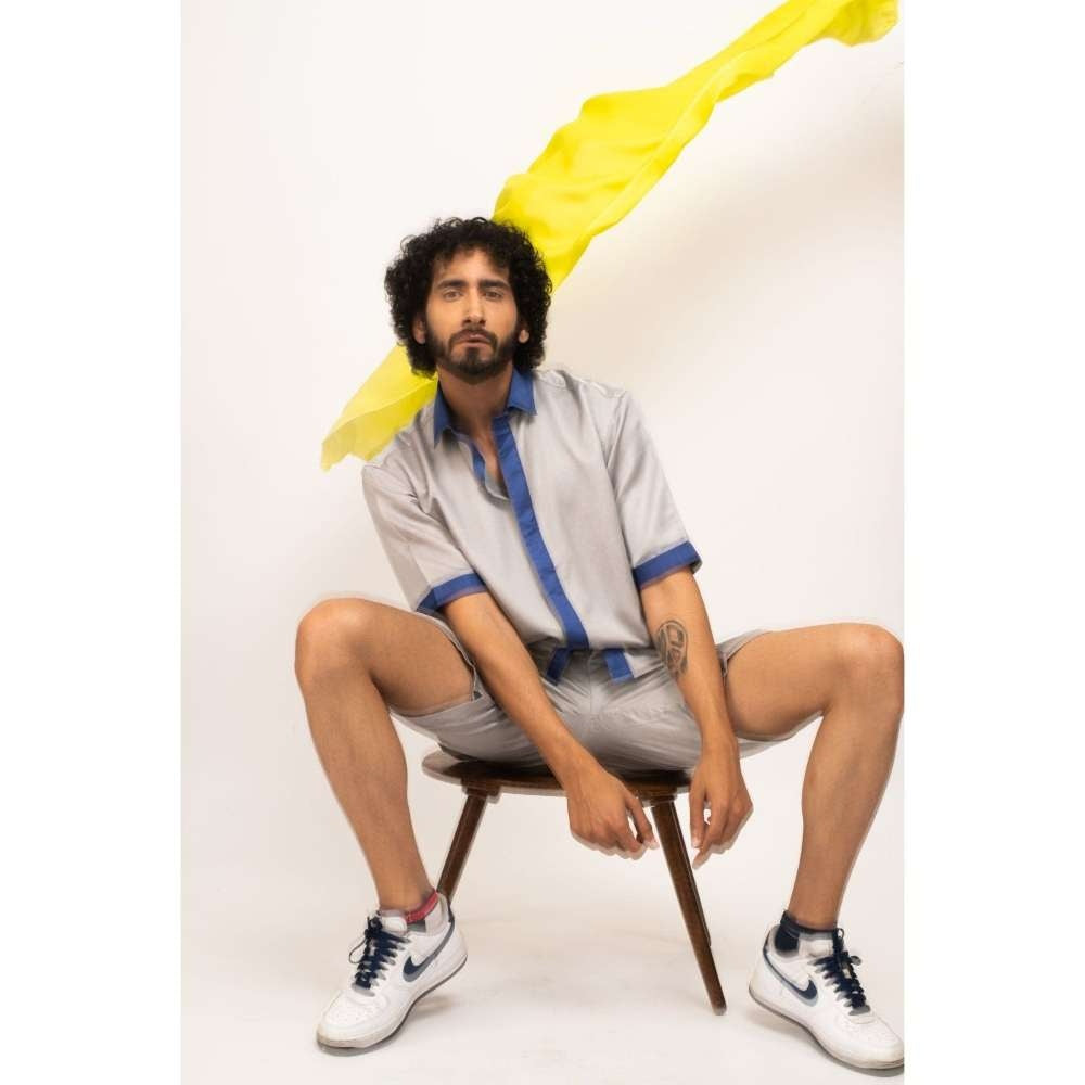 NEORA BY NEHAL CHOPRA Grey and Navy Blue Collar Colorblocked Co-Ord Set (Set of 2)