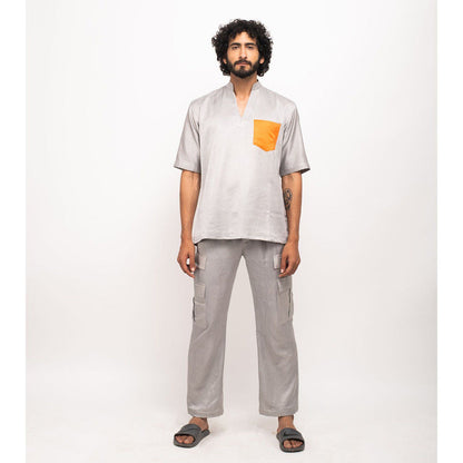 NEORA BY NEHAL CHOPRA Grey Shirt With Orange Pocket Co-Ord Set (Set of 2)