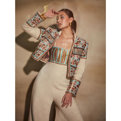 Nikita Mhaisalkar Off-White Jacket with Rafia and Metallic Wire Work