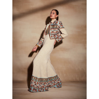 Nikita Mhaisalkar Off-White Jumpsuit with Rafia and Metallic Wire Embroidery
