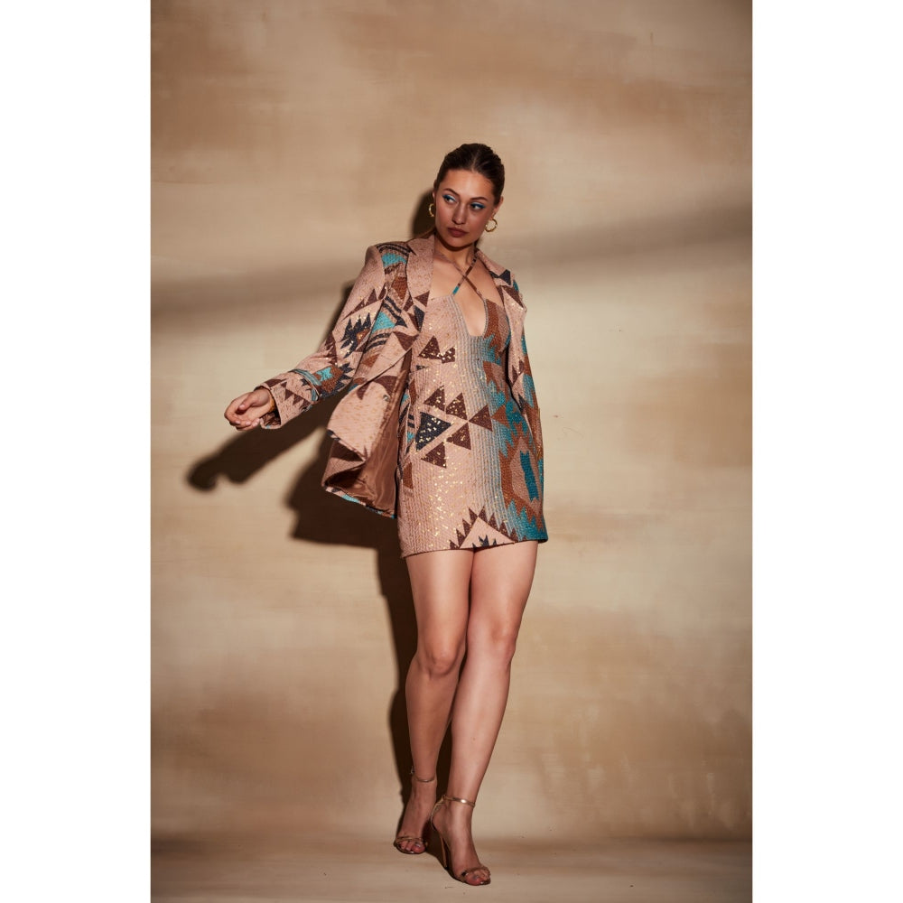 Nikita Mhaisalkar Turquoise and Multi Colour Tapis Halter Short Dress
