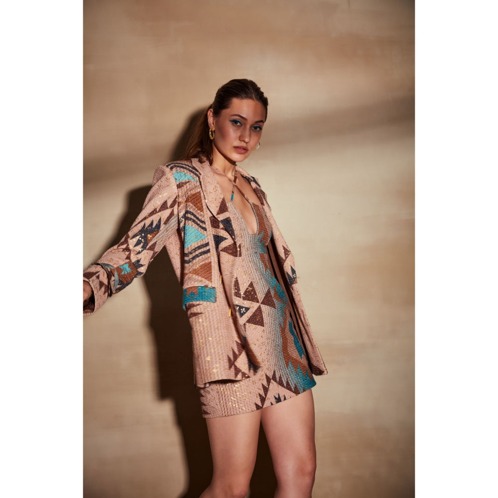 Nikita Mhaisalkar Turquoise and Multi Colour Tapis Halter Short Dress