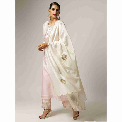 Anantaa Off White Silk Chanderi Floral Scalloped Dupatta