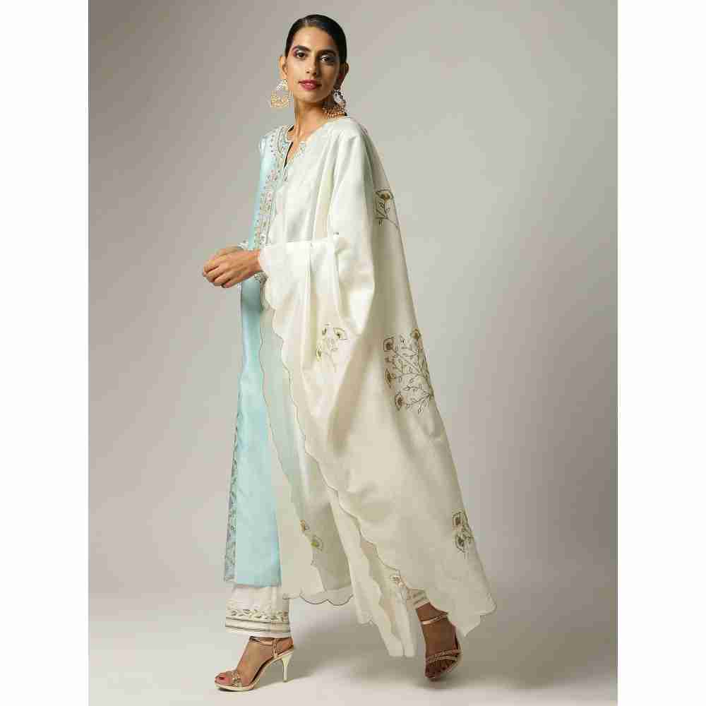 Anantaa Off White Silk Chanderi Floral Scalloped Dupatta