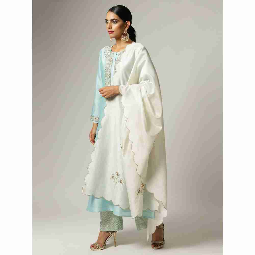 Anantaa Off White Silk Chanderi Floral Scalloped Dupatta