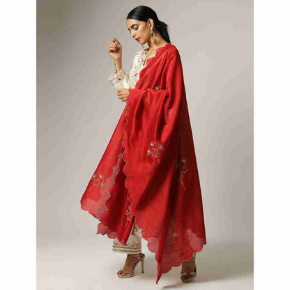 Anantaa Red Silk Chanderi Floral Scalloped Dupatta