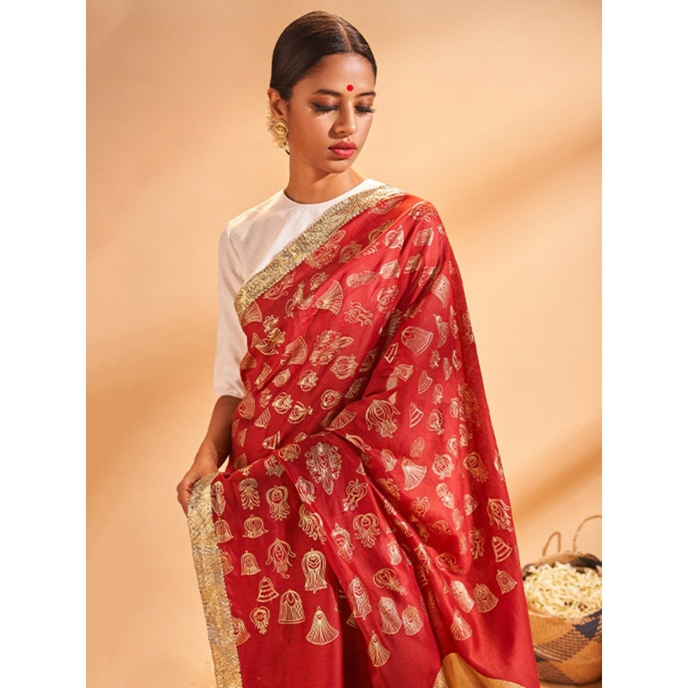 Masaba Maroon Durga Pooja Sari With White Blouse Piece