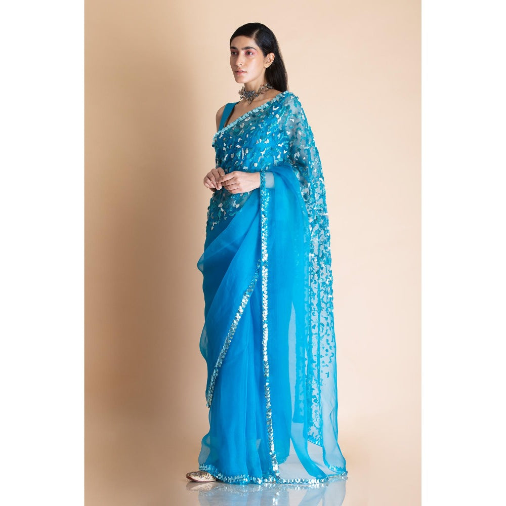 Saksham & Neharicka Azure Blue Embellished Silk Organza Saree With Unstitched Blouse