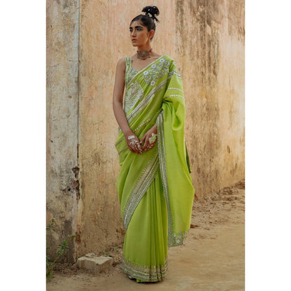 Saksham & Neharicka Green Saree in Chanderi Patchwork And Embroidery With Unstitched Blouse