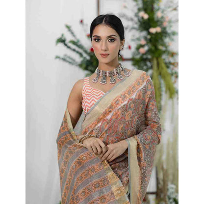 Old Marigold Gulaab Chanderi Silk Saree with Unstitched Blouse