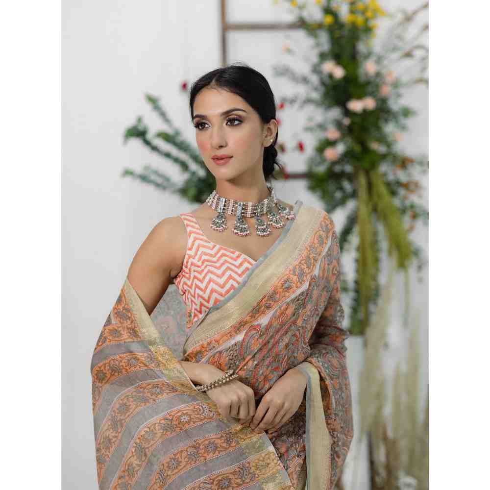 Old Marigold Gulaab Chanderi Silk Saree with Unstitched Blouse